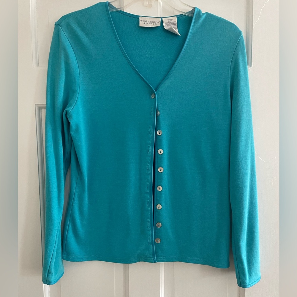 Vintage Worthington Long Sleeve Turquoise V Neck  Button-Up Cardigan. Size S